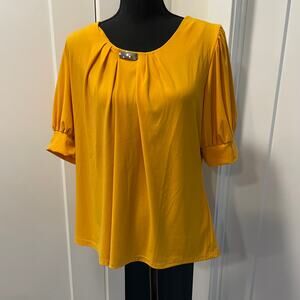 NY Collections blouse women's Large yellow mustard pleated front puffy S/L